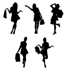 Silhouette collection of woman carrying shopping bag. Silhouette collection of female doing shopping 