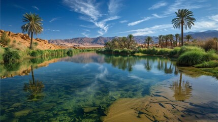 A desert area surrounded by ponds and trees, with mountains in the distance in the foreground,Generative AI illustration.