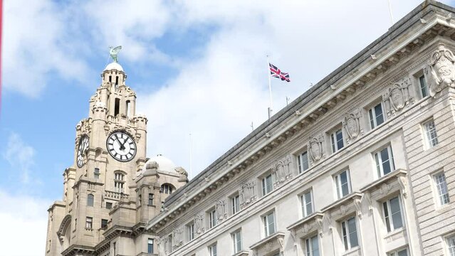 The clock tower of the Royal Liver Building in Liverpool, on which is the Liver Bird statue