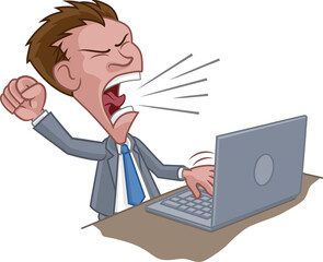 Angry Business Man Boss Shouting at Laptop Cartoon