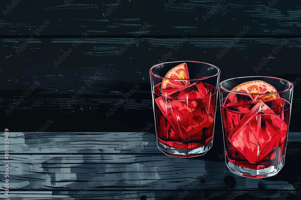 Poster two glasses of red liquid with a slice of orange. suitable for food and beverage concepts