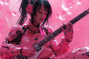 Obraz premium Neon Cyborg Rocker: Hyperrealistic Guitar Jam in Cyberpunk Pink