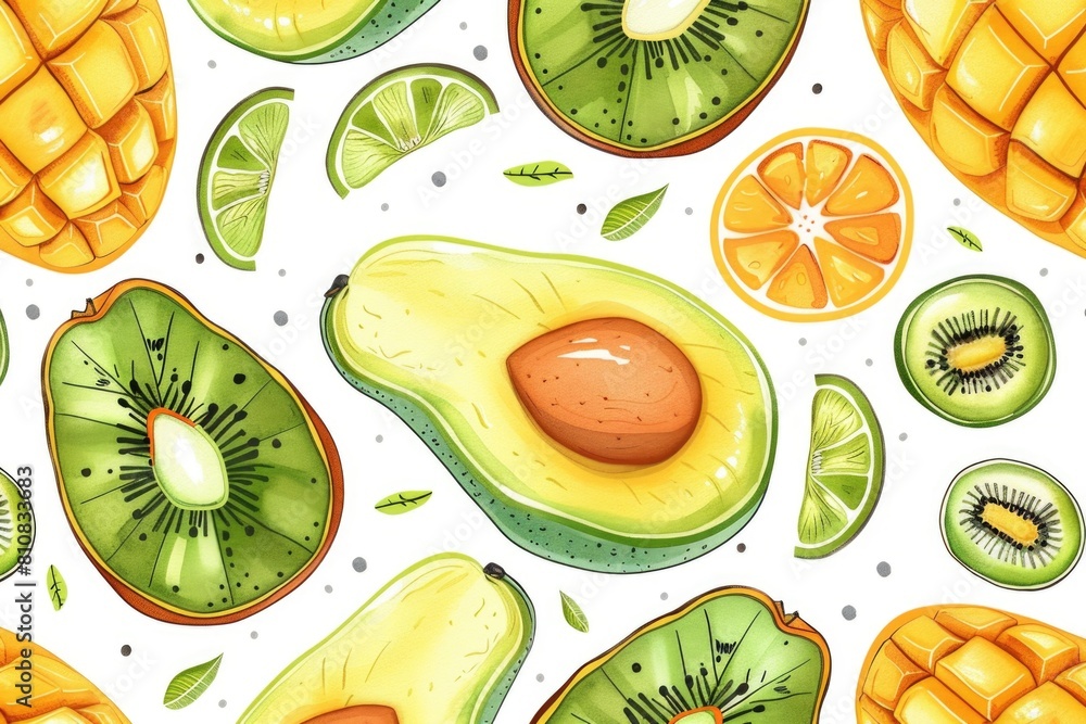 Poster a pattern of kiwi, avocado, and lime slices. can be used for food and beverage concept designs