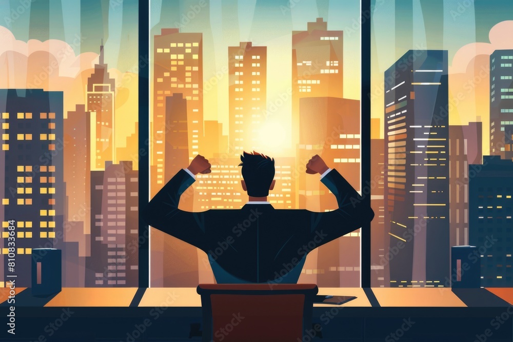 Poster A man sitting at a desk in front of a window. Ideal for office or work-related concepts