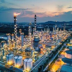 Illuminated oil refinery at night, suitable for industrial concepts