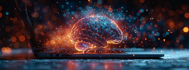 Stars emitting from brain on laptop screen, Cinematic lighting. Realistic photo. Hyperrealism