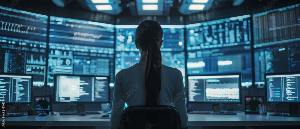 Poster the image shows a woman working on a desktop computer, analysing data, and creating artificial intel