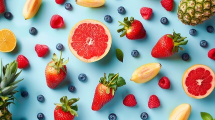 A colorful fruit pattern with a variety of fruits including kiwi, strawberries
