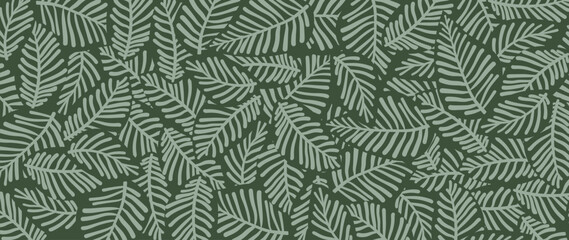 Obraz premium Abstract foliage botanical background vector. Green color wallpaper of tropical plants, leaf branches, leaves. Foliage design for banner, prints, decor, wall art, decoration.