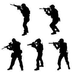 Silhouette collection of male soldier carrying machine gun weapon. Silhouette collection of sniper shooter in action.