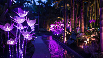 botanical garden illumination at night featuring purple and white flowers