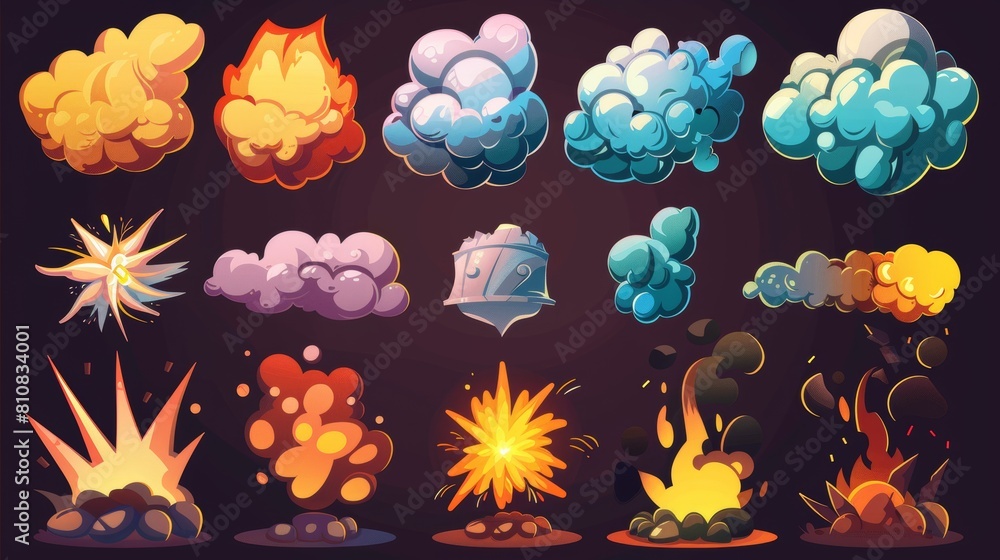 Poster an animation of a cartoon explosion, with dynamite and a fire set. flying clouds and clouds of smoke