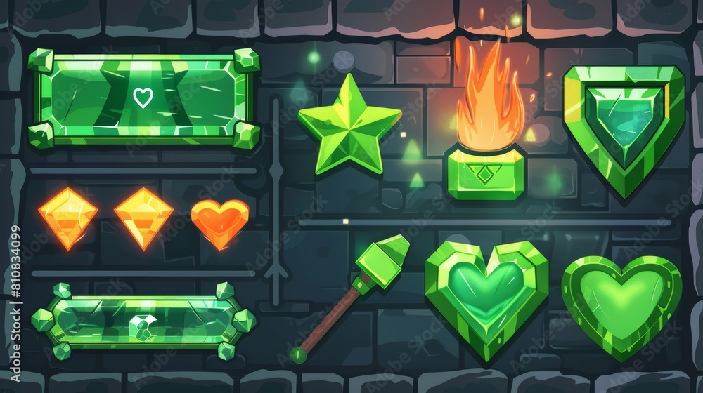 Poster there are diamond game menus with crystal ui buttons, progress bars, user settings panels, sliders, 