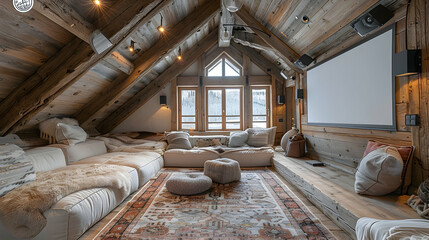 Obraz premium Stylish attic living room with wooden beams, plush sectional, and projector screen