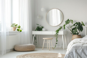 Modern Elegance Round Mirror Adorning White Wall
Sleek Simplicity Stylish Room with Desk and Mirror
Chic Workspace Round Mirror Enhancing the Ambiance
Reflections of Style: Round Mirror in Co