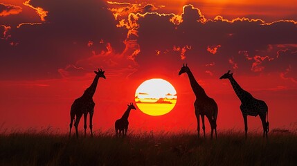 South Giraffes and sunset on background. Generative Ai