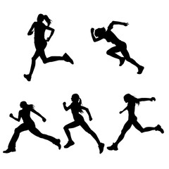 Silhouette collection of sporty woman in running pose. Silhouette collection of female run pose.