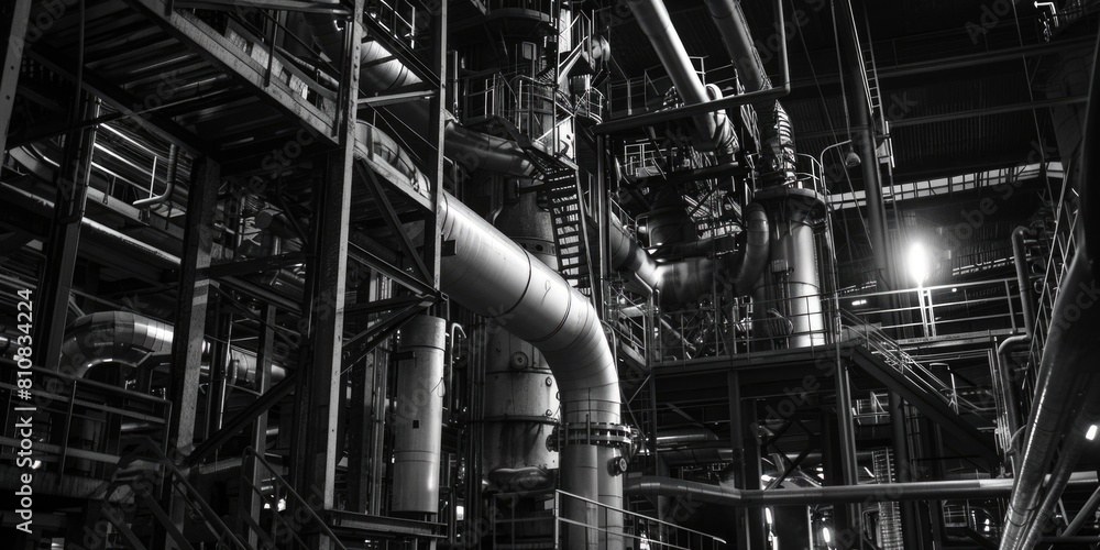 Poster a monochromatic image of a factory, suitable for industrial concepts
