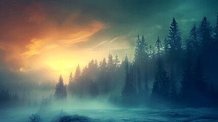 Sunrise Over Misty Pine Forest in Winter
