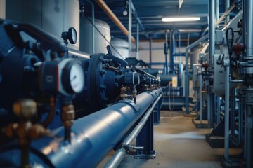 Industrial pipes and valves in a large building, suitable for industrial and engineering concepts