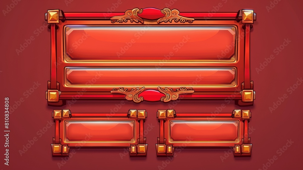 Poster illustration of game user interface frames, buttons with ornate rims and glossy plaques, empty scrol