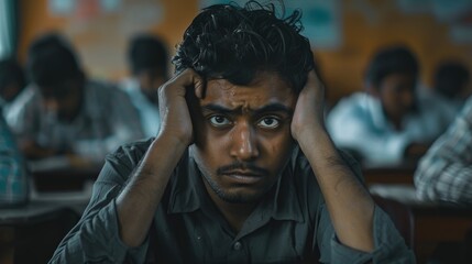 Fototapeta premium A man sitting with head in hands, suitable for education themes