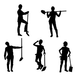 Silhouette collection of female worker in action pose carrying shovel tool