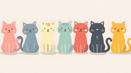 Illustration of Six Colorful Cats in Cute Cartoon Style