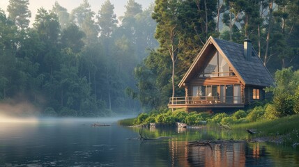 Fototapeta premium A serene scene of a cabin by the lake. Perfect for travel brochures or real estate listings