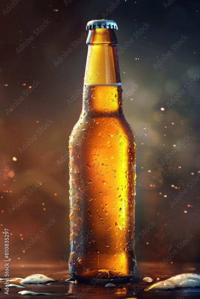Poster a bottle of beer on a table. suitable for beverage advertisements