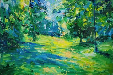 A peaceful painting of a green field with trees. Suitable for nature backgrounds