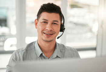 Portrait, smile and man with headset in office for career, call agent or telecommunication....