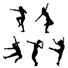 Silhouette collection of slim female doing energetic dance pose