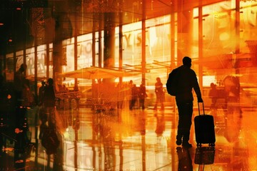 A man with a suitcase walking through an airport. Suitable for travel and business concepts