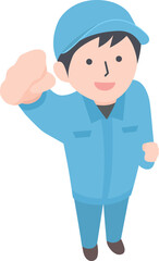 拳を掲げて上を見上げている作業服の男性