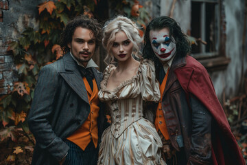 Diverse group of people standing together at costume party