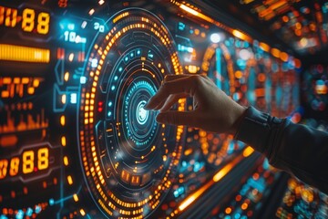 Person pointing at futuristic display