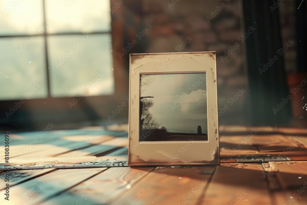 Poster a picture frame resting on a wooden floor, versatile for various design projects