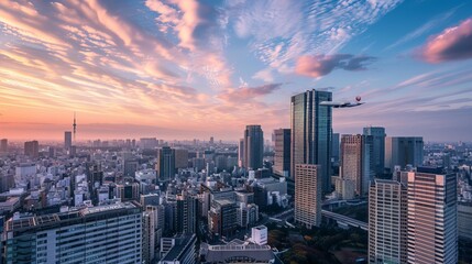 Fototapeta premium Imagine the bustling heart of Tokyo's Shinjuku district, where sleek skyscrapers stretch towards the sky, reaching for the clouds. Against the backdrop of the morning sun, 