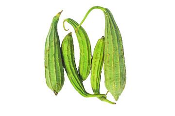 Ripe green Chinese okra fruits isolated on white, Vegetable ridge gourd or Luffa Acutangula...