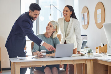 Advice, opinion and teamwork with business people at laptop for project management in office. Discussion, computer and planning at coworking desk for training, collaboration and online development