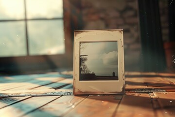 A picture frame resting on a wooden floor, versatile for various design projects