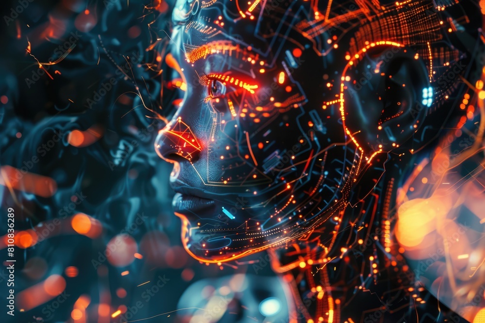Poster a person with a futuristic face and head, suitable for technology concepts