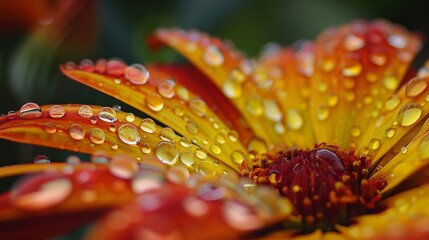 In this captivating scene, water droplets delicately cling to the velvety surface of a vibrant gazania petal, creating a mesmerizing display of natural beauty. Each droplet refracts the light, casting