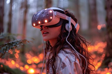 VR Musician Plug Cables in Glowing Forest: Digital Fantasy Scene