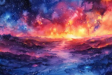 Naklejka premium Enchanting Watercolor: Distant Planet with Rolling Hills, Sparkling Rivers, and Cosmic Sky