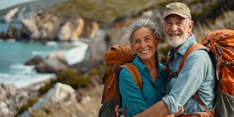 joyful senior couple with backpacks sharing a happy moment on a coastal hike with hills and ocean in the background