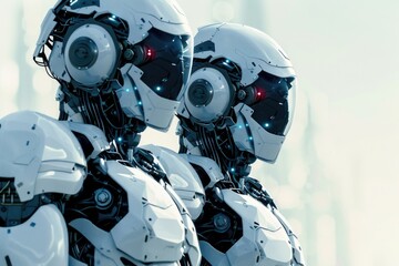 Fototapeta premium Two robots standing next to each other. Suitable for technology concept