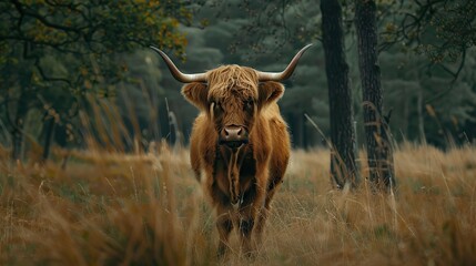 Highland cow in meadow near the woods . Generative Ai