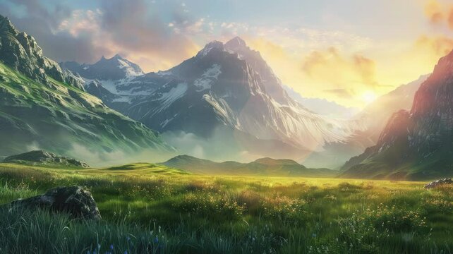 stunning mountain landscape animation at sunrise, smooth video motion
